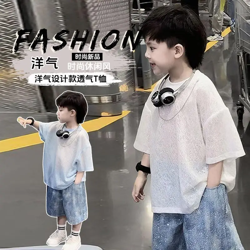 Baby Boys Summer Children Suits Kids Fashion casual Jean Cute White TShirt+Shiny Shorts 2Pcs Sets Handsome Hip hop Streetwear
