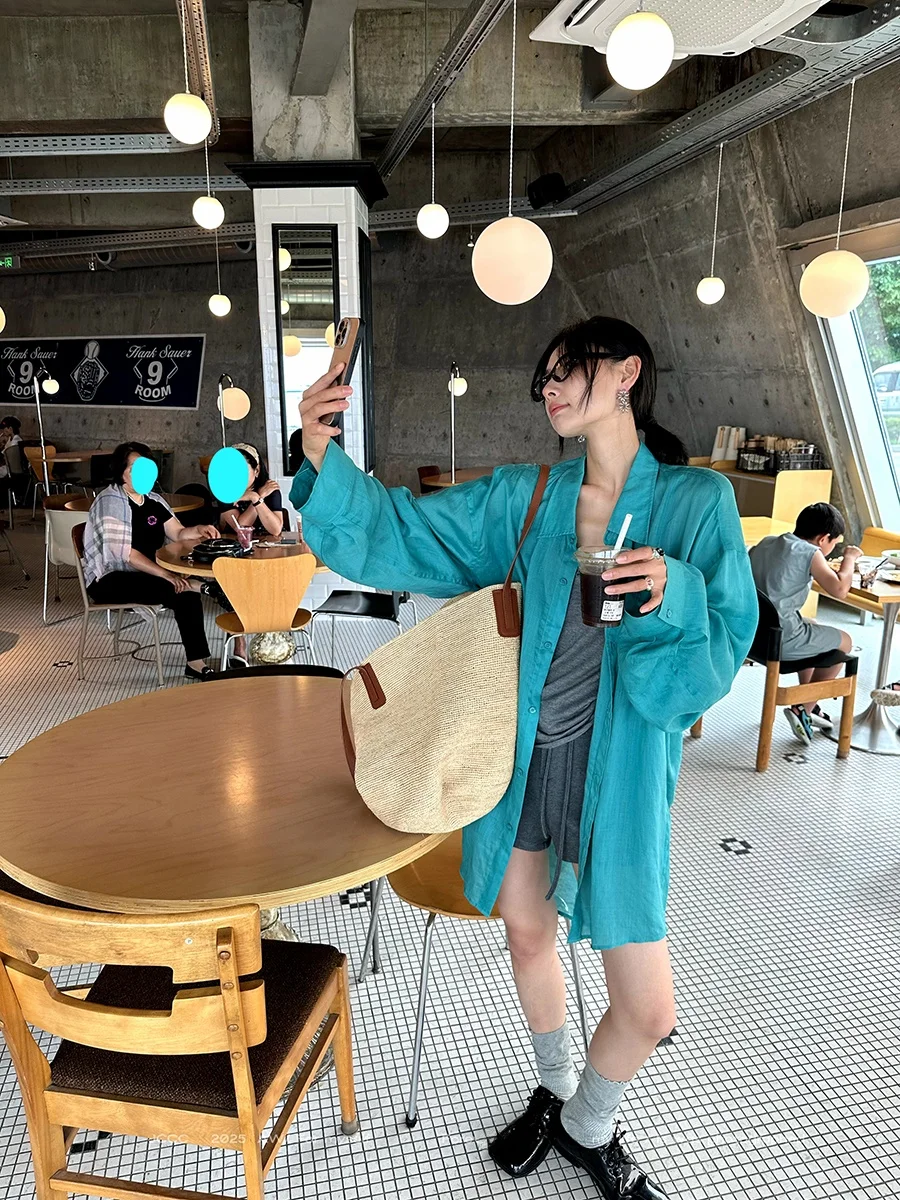 

JCCC adow Mint Sea Loose oulder Turtle Ba ape Long Sve irt Linen Blend Women's Casual Summer Sun Protection