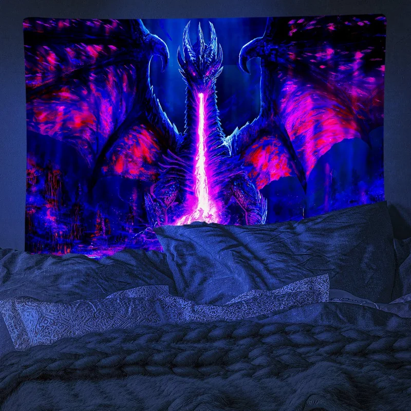 VIKAMA Blacklight Dragon Tapestry UV Reactive Neon Blue Purple Dragon Breathing Fire Fantasy Wall Hanging Wall Art Dorm Decor