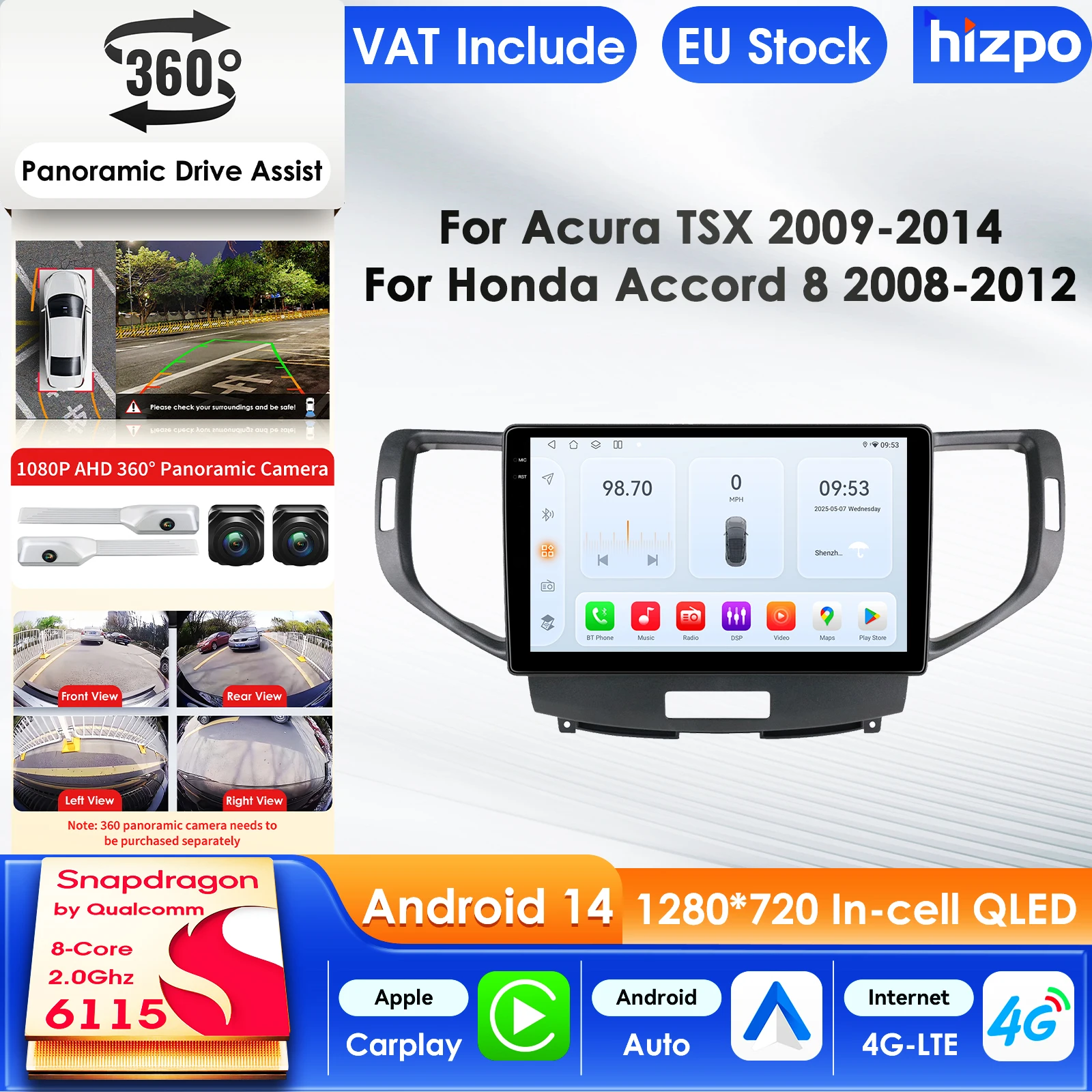 Hizpo Android14 Auto-Multimedia-Player für Honda Accord 8 2008-2012 Spirior Accord Ⅷ 4G AI Intelligenter Bildschirm Autoradio 360Cam 9 Zoll Auto-Intelligent-Bildschirm QLED-Display Automotive Head