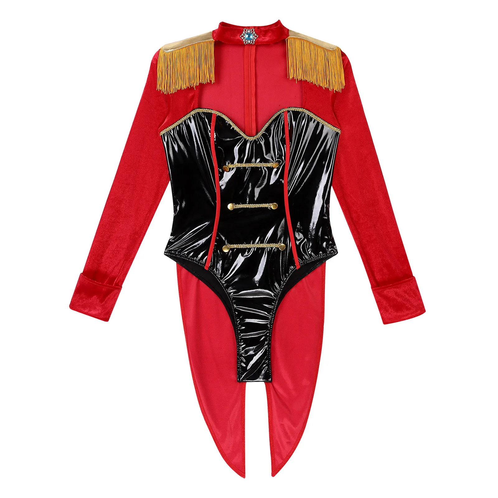 Womens Circus Ringmaster Cosplay Outfit Role Play Costume Tassel Shoulder Board Long Sleeve Bodysuit Swallow-Tailed Catsuit