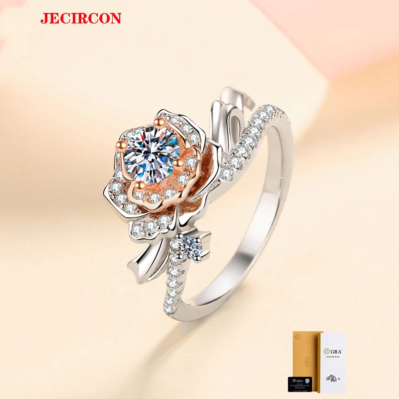 

JECIRCON кольцо из стерлингового серебра 925 пробы с муассанитом 0,5 карата для женщин, прочное обручальное кольцо с цветущим цветком розы, ювелирные украшения с GRA