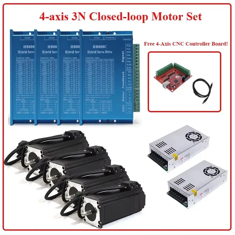 【Smart】4 Nema 23 Closed Loop Stepper Motor 3N.m + Hybrid Servo Stepping Driver Hb808c&250W 24V Power Supply + Controller Board