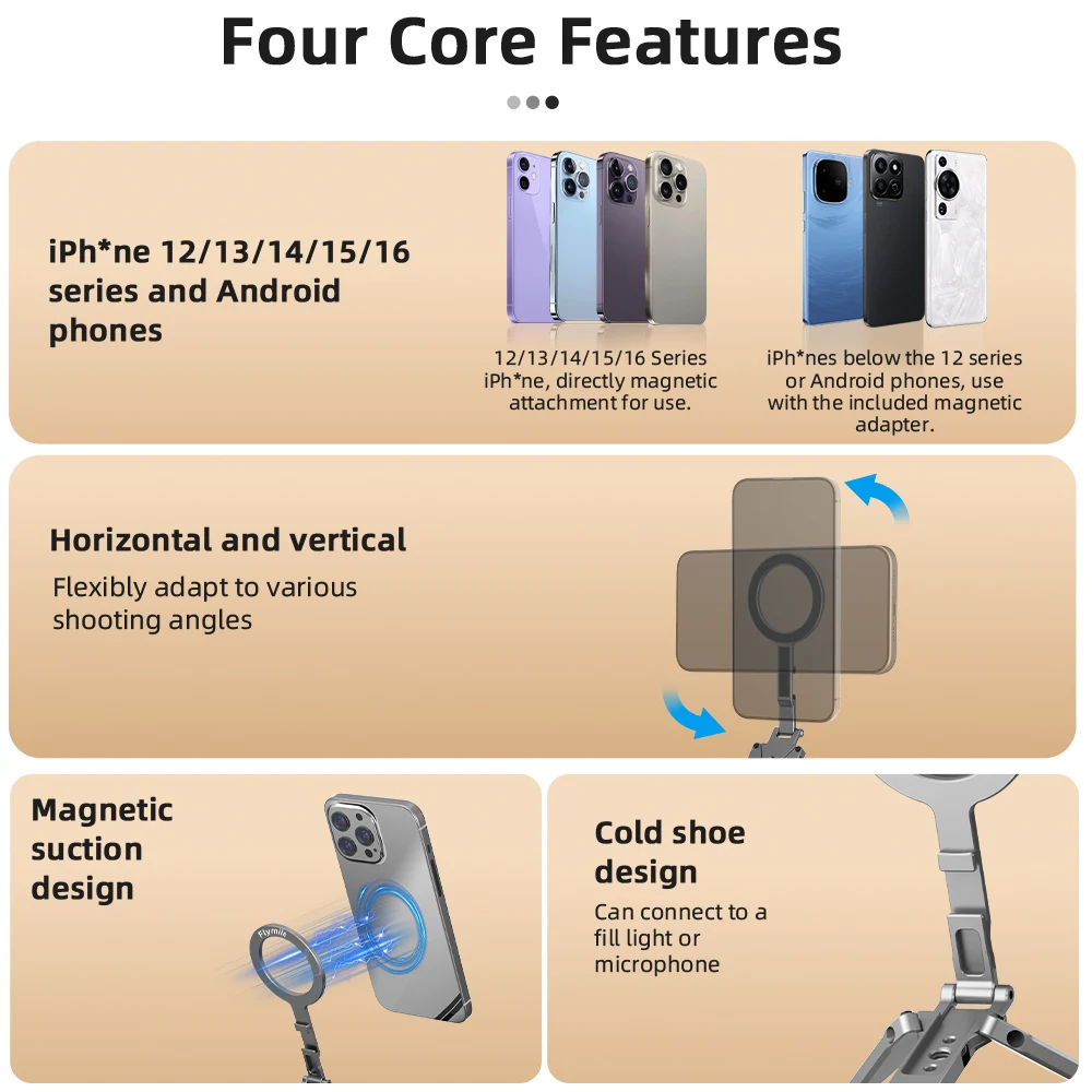 Flymile Magnetisches Selfie-Stick-Stativ für iPhone 16, 15, 14, 13, 12 Pro Max, faltbares Telefon, 1/4 Zoll Löcher, kompatibel mit MagSafe – Detail 2