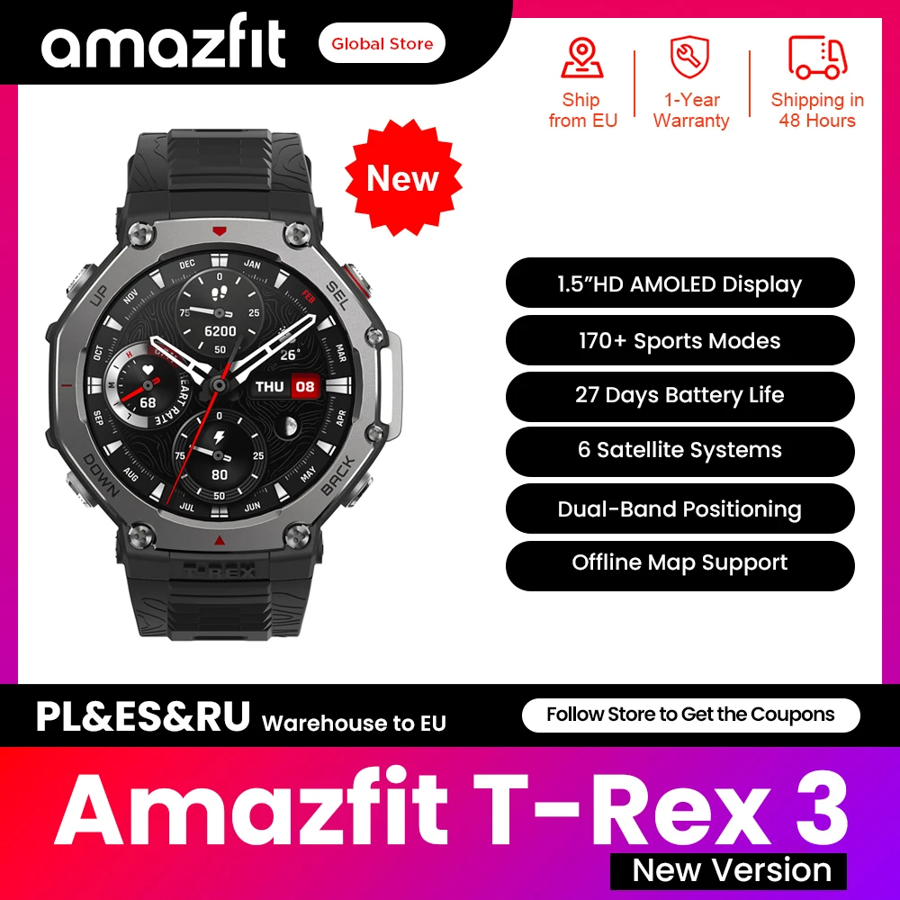 New Amazfit T-Rex 3 Outdoor Smartwatch 48mm 1.5'' AMOLED Display 170 Sport Modes 6 Satellite Systems Dual Band GPS Smart watch