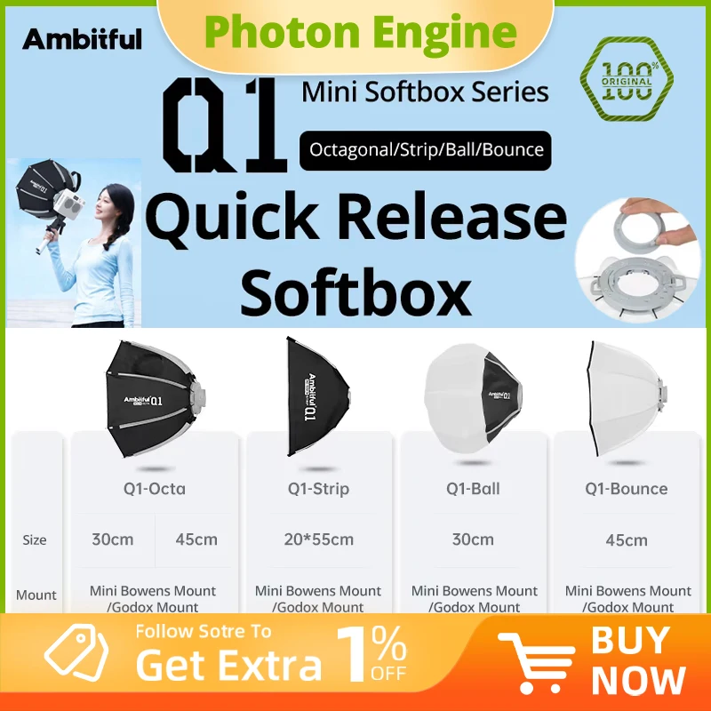 AMBITFUL Q1 Series Softbox 30cm 45cm 55cm Mini Bowens/Godox Mount Quick Release Softbox  with Honeycomb Grid for Godox Yongnuo l