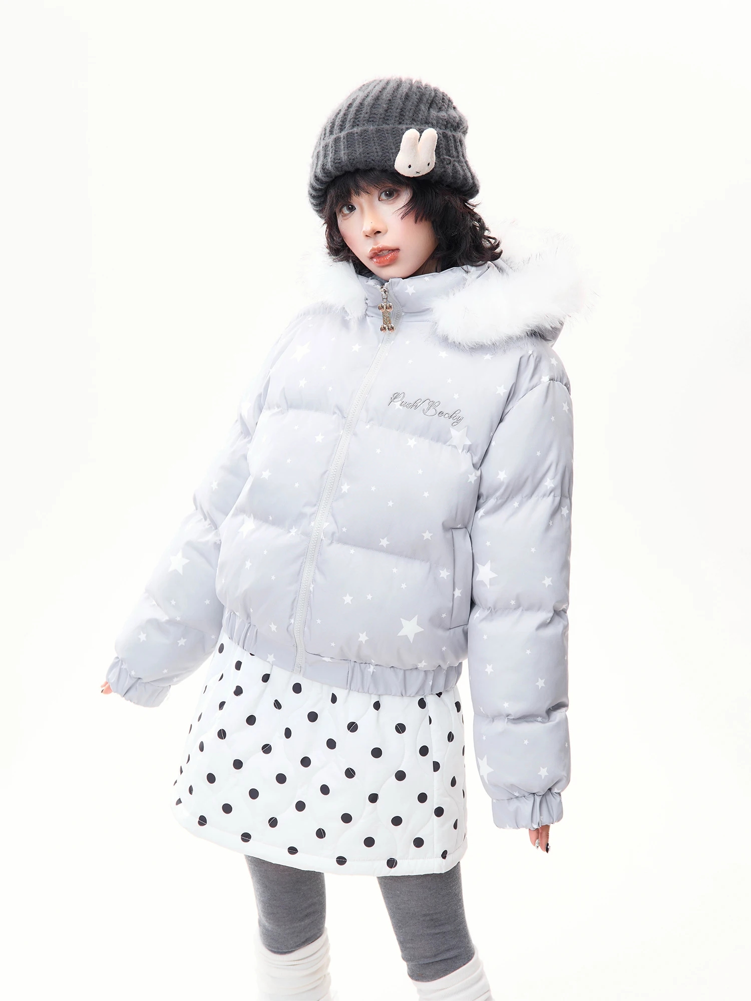 

Korean Sle Star Print Fur Collar Hooded Cotton Jaet Women's Winter Warm Loose ort Cotton Coat Sweet School Sle