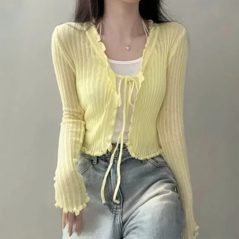 تكدرت تقليم التعادل الجبهة طويلة الأكمام المحاصيل الأعلى المرأة طويلة الأكمام مفتوحة الجبهة مضلع سترة متماسكة سترة الصيف Fairycore الزي