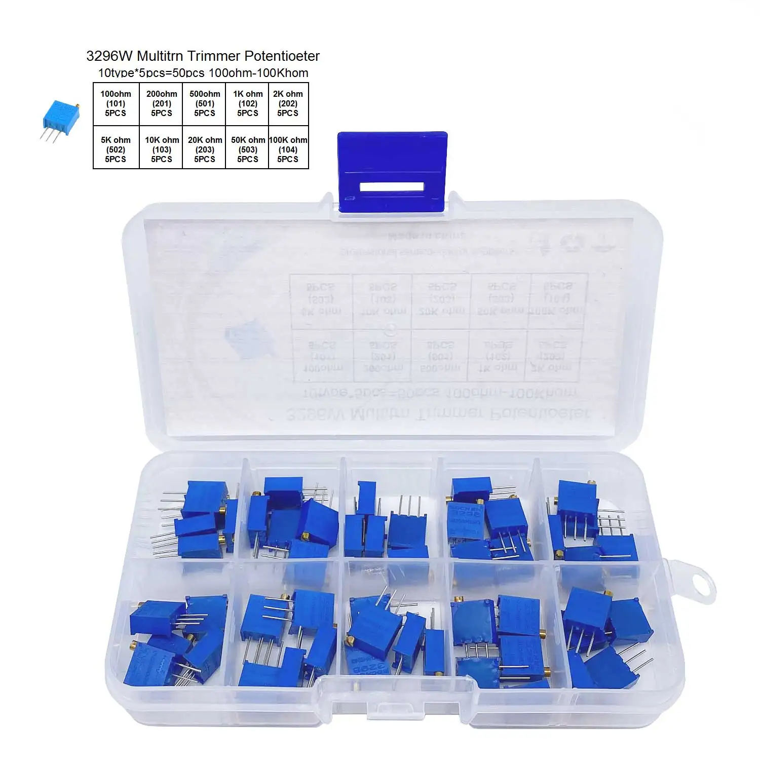 

3296W Precision Multi-turn Adjustable Resistance Potentiometer 10 Values of 100 OHm-100K Each 5 Sets