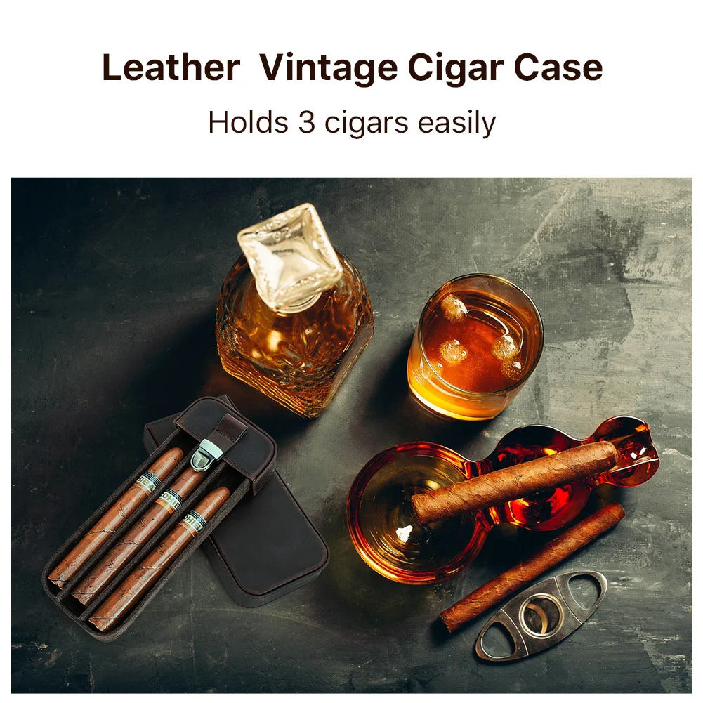 Luxury Portable 3/6 Slots Humidor Cigar Box Travel Cowhide Leather Case Smoking Accessories Storage Compartments Brass Buckle