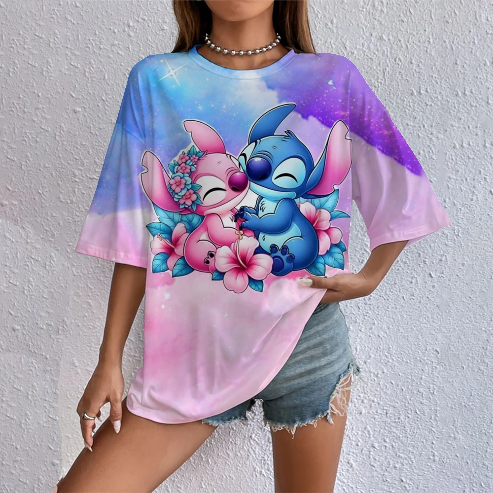 

Disney T-shirts with Cute and Funny Female Cartoon Patterns, Lilo&Stitch Short Sleeved T-shirts Casual and Fashionable Printed