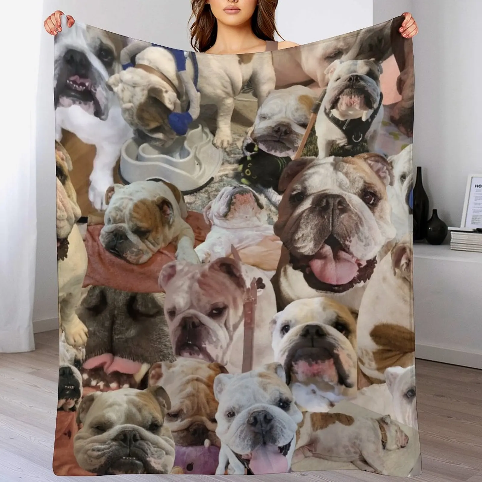 

Mochi the English Bulldog Collage Throw Blanket Travel Size Cozy Blanket for Plane Train