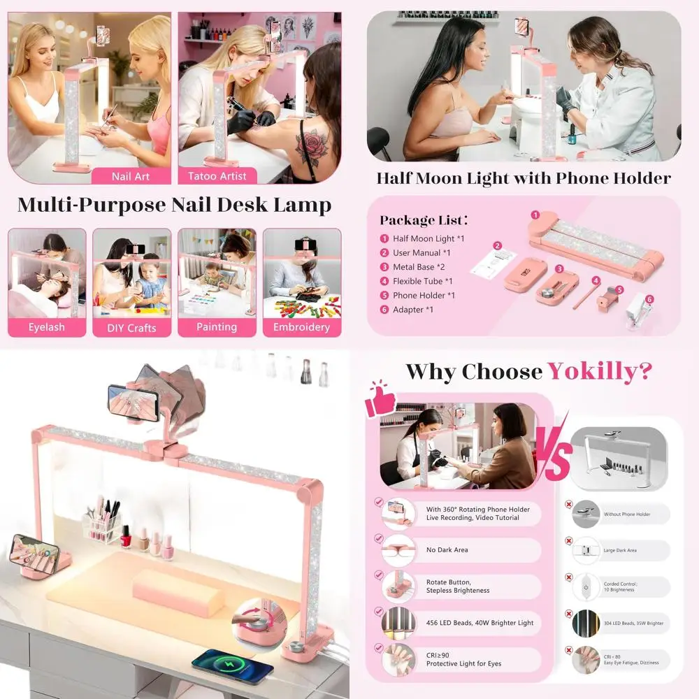 

Складная светодиодная настольная лампа-полумесяц 48 Вт - 34 светильника без теней для салона, бесступенчатая регулировка яркости, 3000K-6500K, розовый алмаз, большая