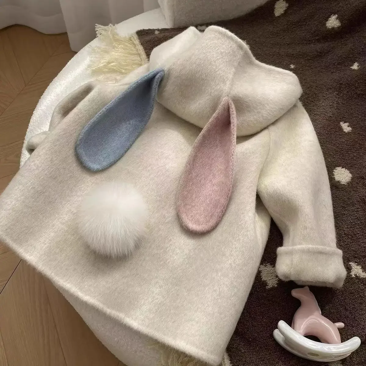 Spring and Autumn Baby Girls' Woolen Coat New Korean Version Children Cute Rabbit Ear Woolen Coat for 90-140cm