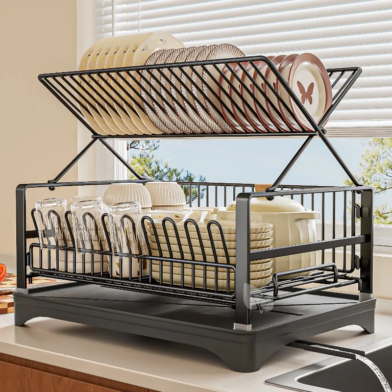 Metal 2 Tier Cross Disc Racks Drainer Rack Kitchen Countertop Tableware Organizer with Drainage Trough for Home Daily Use