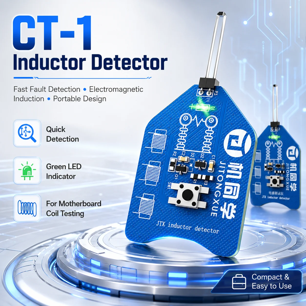 

JTX CT-1 Inductor Detector, Motherboard Coil Tester, Fast Fault Detection with Green LED Indicator, Portable PCB Repair Tool