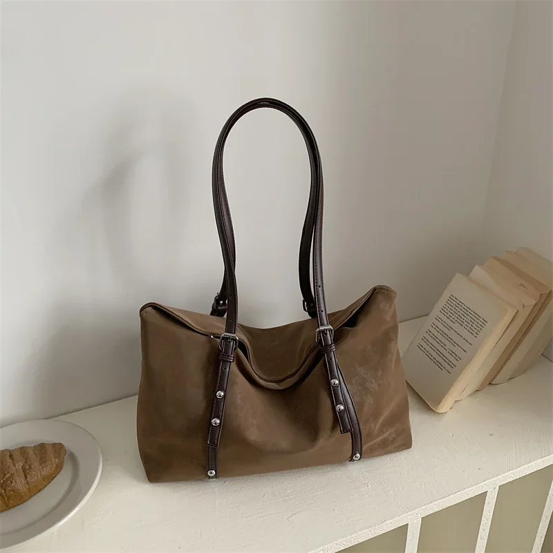 Vintage Belt Design Shoulder Bags for Women Versatile Solid Color Ladies Tote Bag Lightweight Large Capacity Female Handbag