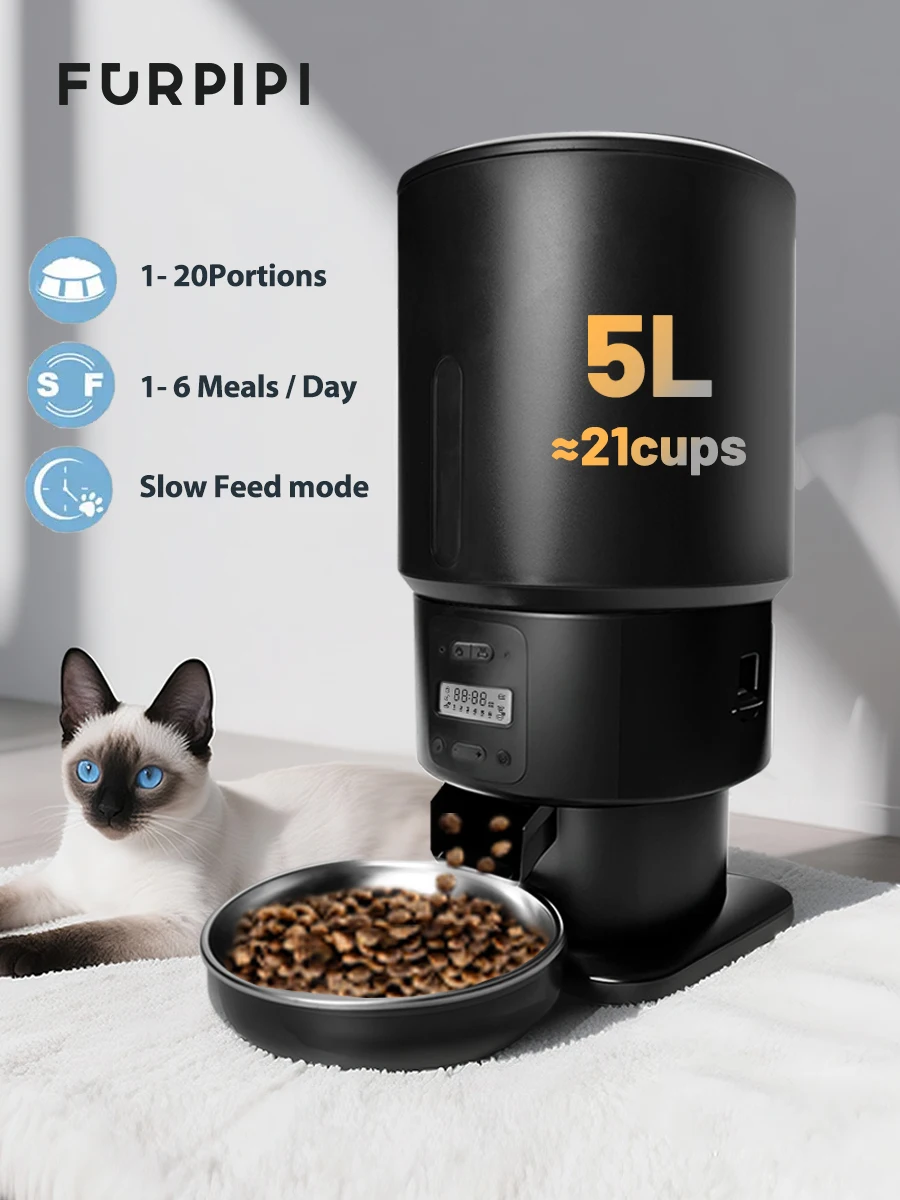 

Automatic Cat feeder Furpipi 21 Cups/5L Low Food Sensor Programmable Portions Timed Quantitative Feeder Cat Dog Food Dispenser
