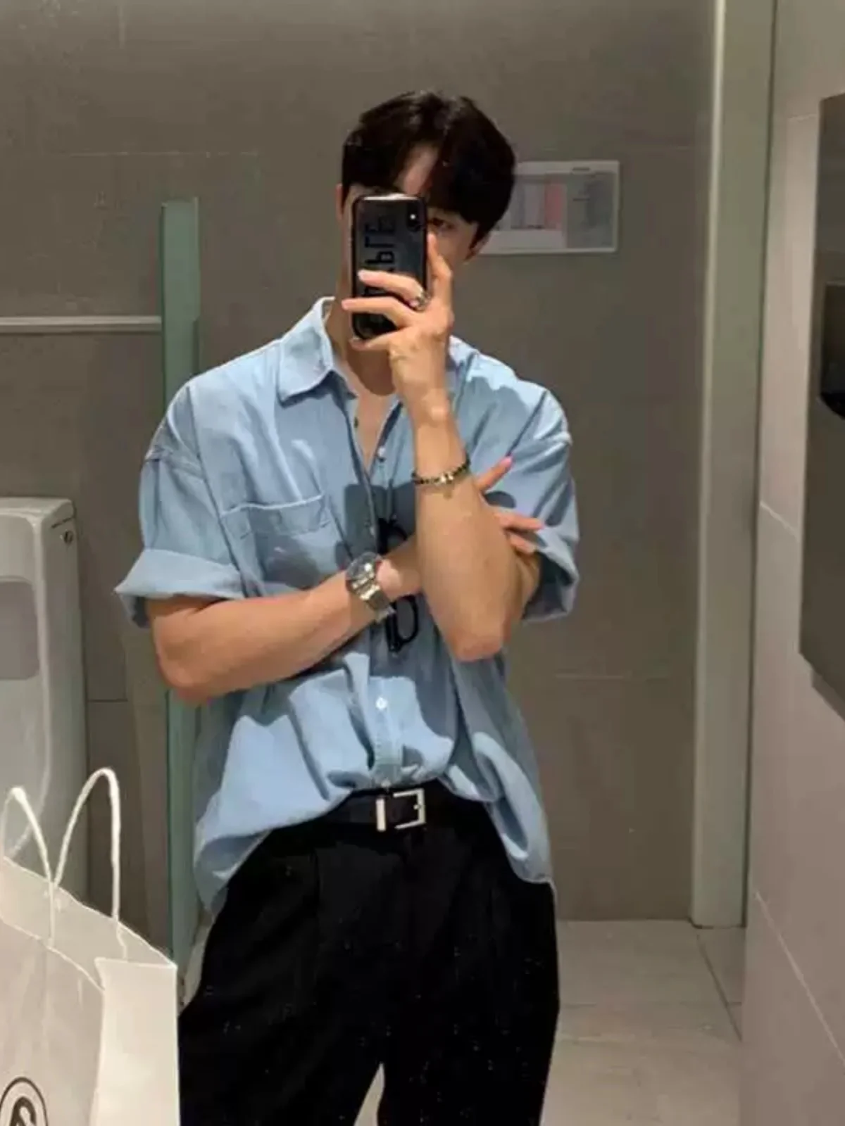 

Мужская джинсовая рубашка с коротким рукавом в стиле ретро, японский стиль, модная летняя рубашка для молодежи, приталенный крой, с острым воротником