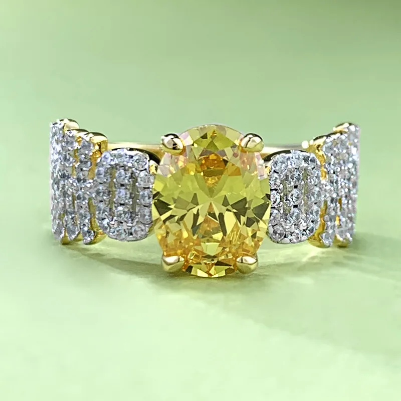 Conjunto de anel de prata esterlina s925 para mulheres, pedra preciosa de diamante amarelo, anel pequeno high-end, moda high-end, luxo, 7*9mm, 2024