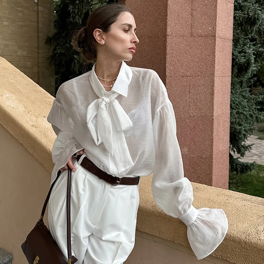 WXOY French Romance Crepe Tie Neck Blouse Women Elegant Puff Sleeve Chiffon Top Summer Casual Office Loose White Shirt