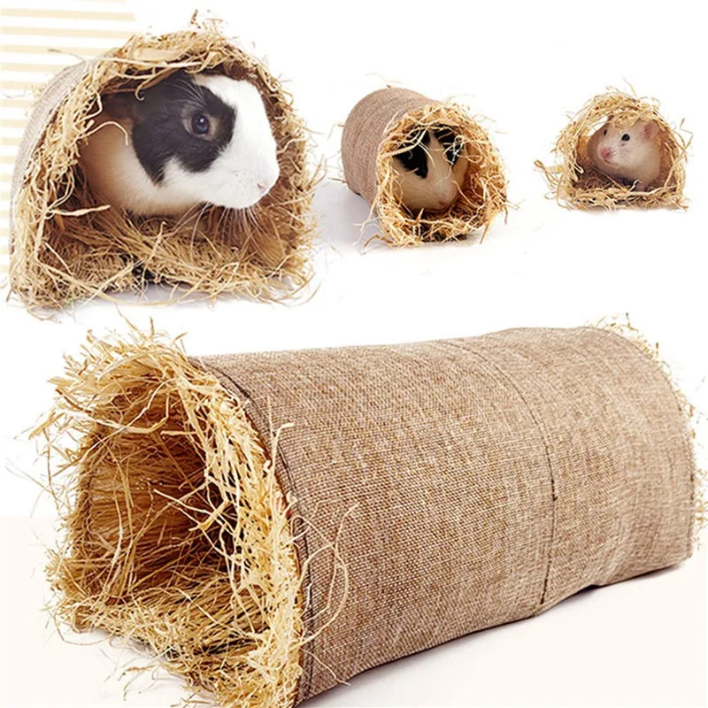 Rabbit Hideaway Toy Grass Straw Bunny Toy Tunnel Hamster Accessories for Guineapig Chinchilla Ferret Rats Rodent Cage