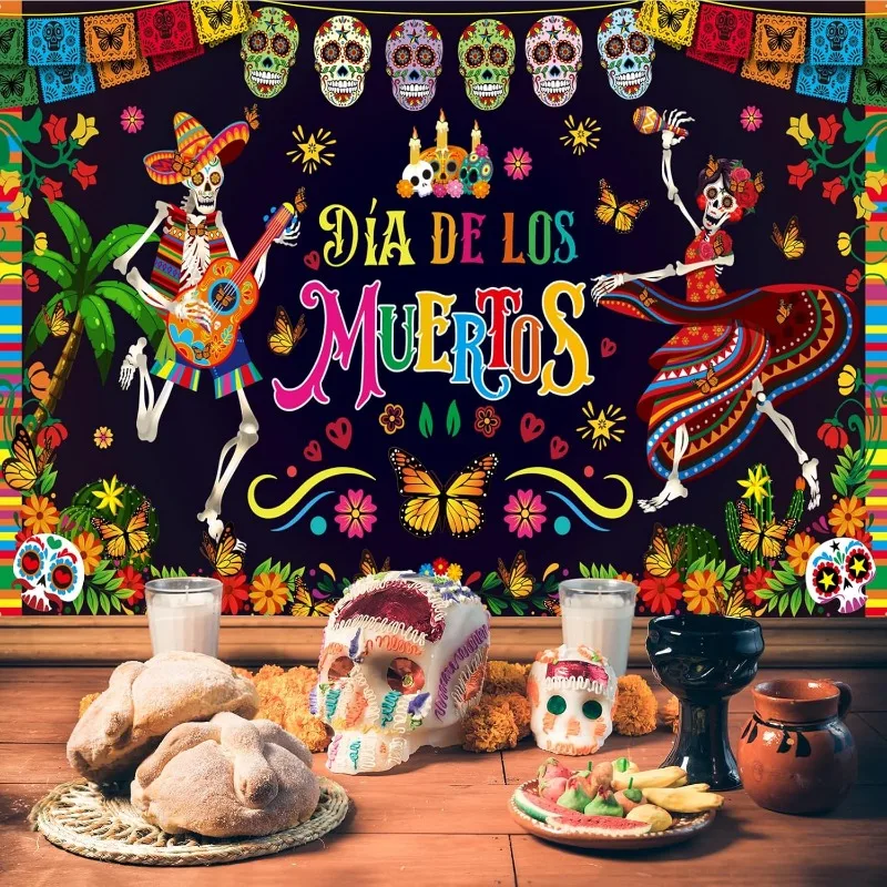 ​Mexican Day of The Dead Background Cloth Horror Theme Party Decoration Hanging Flag Banner Halloween Colorful Skull Decoration