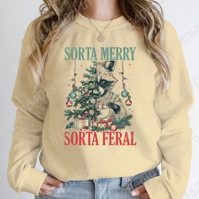 

Christmas Racoon Sorta Merry Sorta Feral Graphic Pullovers Autumn Winter Popular Tops Ladies Casual Sweatshirts O Neck Pullovers