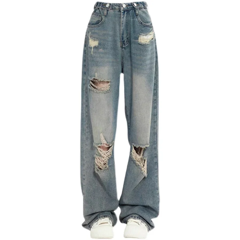 

Джинсы American Sle в стиле ретро с дырками, женские прямые свободные джинсы с высокой талией для похудения, большой размер, толстые мм, широкие брюки длиной до пола...