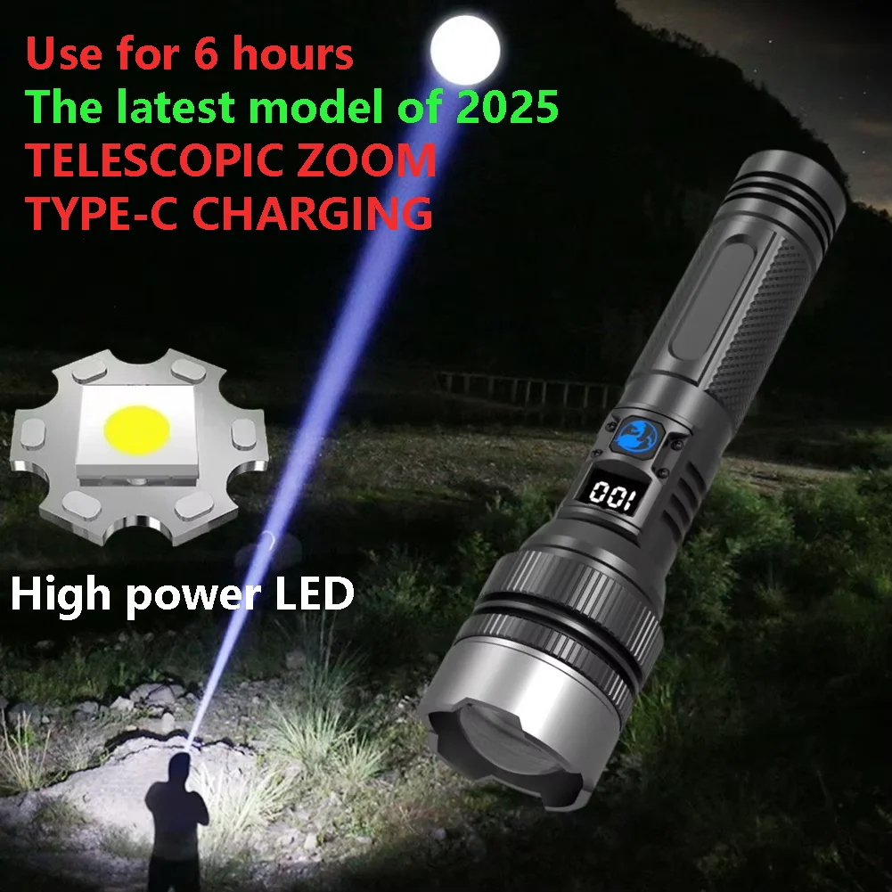 

Powerful LED Flashlight With Zoom And Digital Display - Rechargeable Type-C Convenient Flashlight For Camping And Hiking