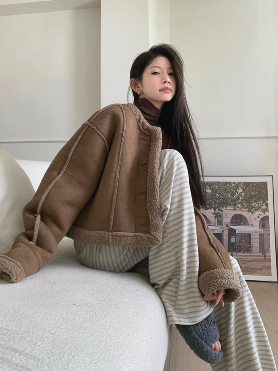 REDDACHiC Giacca bomber in pelle in pile Sherpa da donna Cappotto corto senza colletto abbottonato Capispalla casual vintage autunno inverno