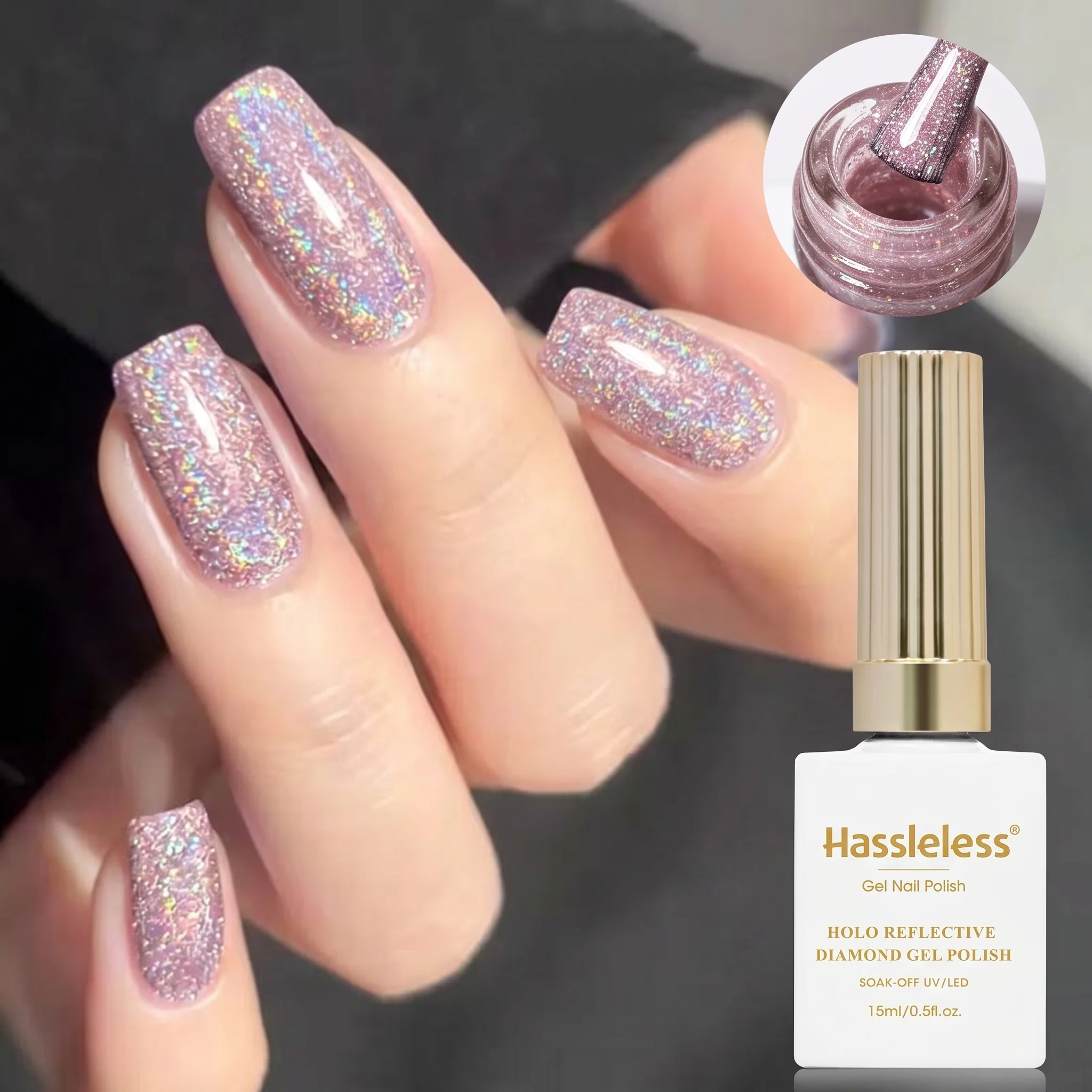 Hassleless Holographic Reflective Diamond Nail Polish Gel, Easy to Apply, Dazzling and Super Shiny, Semi-Permanent Sparkle Effect with Reflective Glitter, Suitable for Professional Nail Salons and Nail Supplies