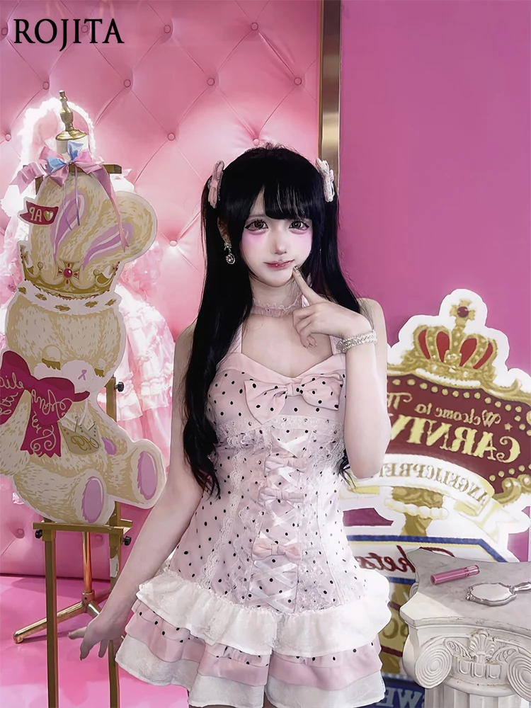 

Japanese Style Sweet and Cute Pink Polka Dot Splicing Lace Bow Dress Summer Women's Dresses 2025 Slim High Waist Short Dress
