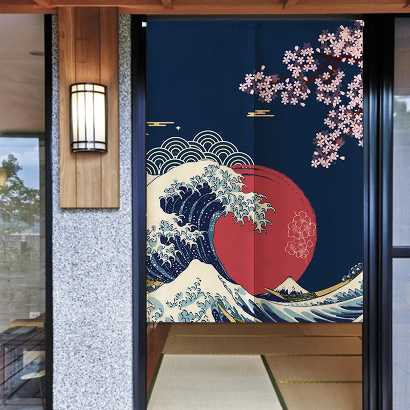 Japanese Fuji Waves Cherry Door Curtain Partition Kitchen Doorway Decorative Drapes Cafe Restaurant Entrance Noren Half-Curtain