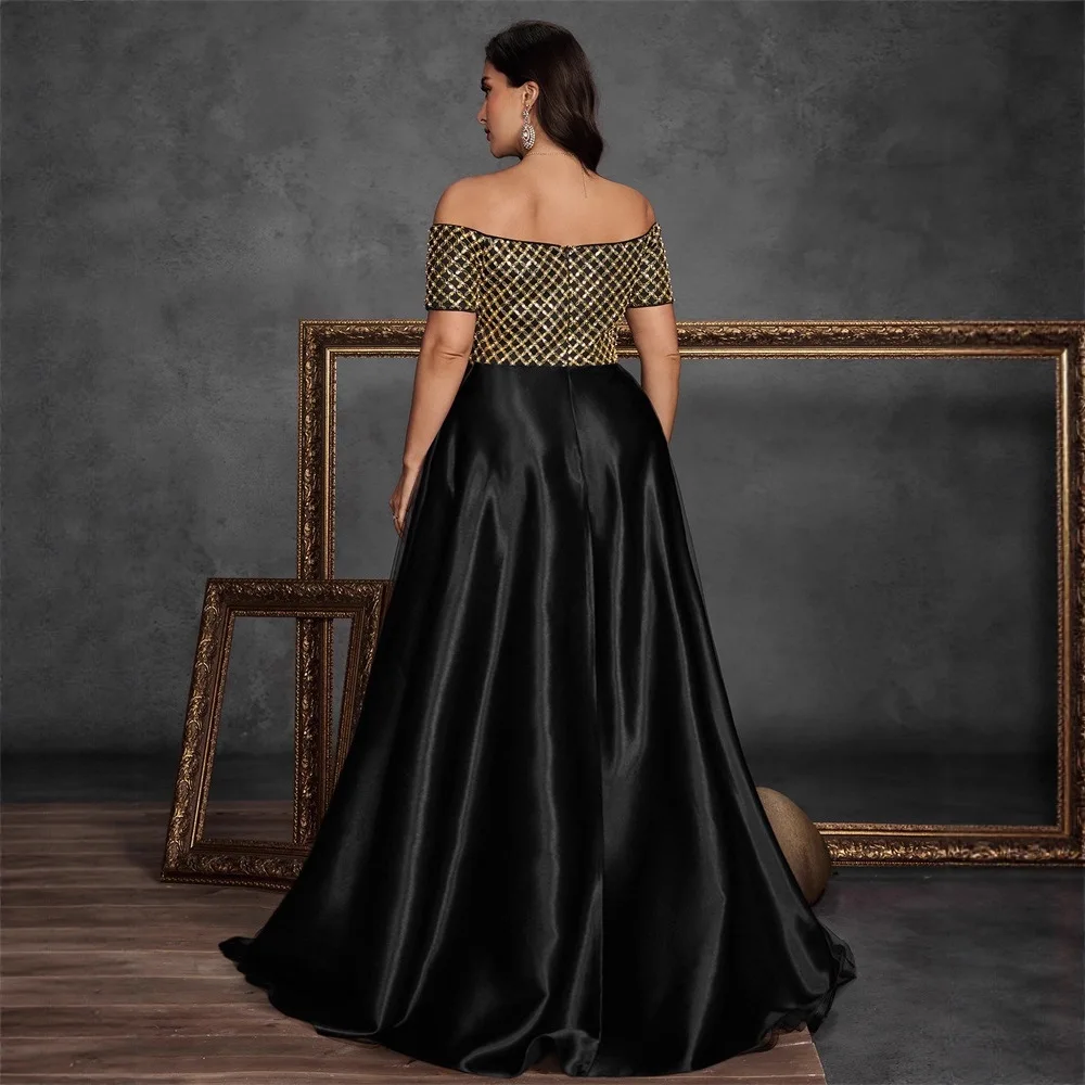 Picture 3: Plus Size Black Gold Off Shoulder Grid Sequin Embroidered High Waist Satin A Line Floor Train Evening Mother of Bride Gown