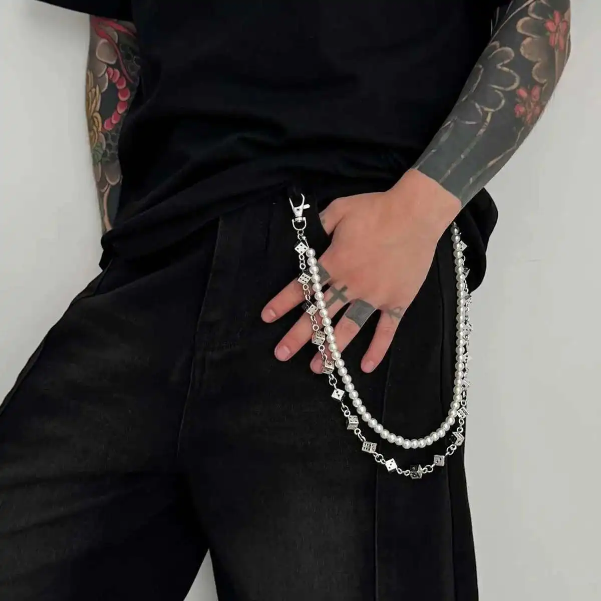 

Ingemark 2025 Trendy Creative Dice Imitation Pearl Jeans Pants Chain Men Hip Hop Punk Double-layer Bag Chain Jewelry Accessories