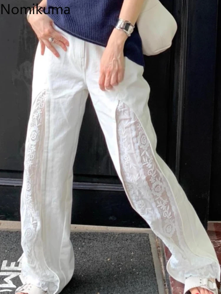 

New Bottoms Y2k Wide Leg Pants for Women Fashion Patchwork Lace White Trousers High Waist Straight Casual Summer Pantalon Femme