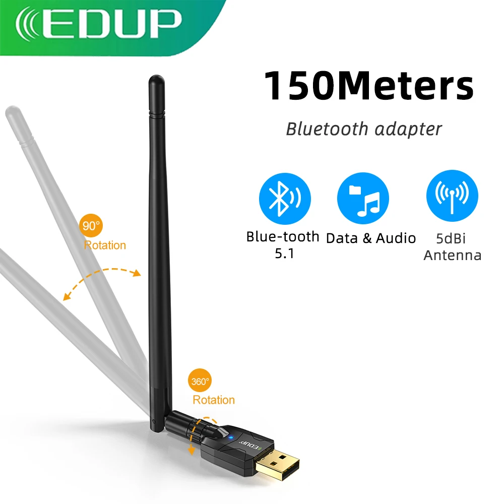 EDUP 150M USB Bluetooth Adapter Bluetooth 5.1 Wireless Bluetooth Audio Receiver Transmitter 5dBi Antenna USB Dongle For Computer