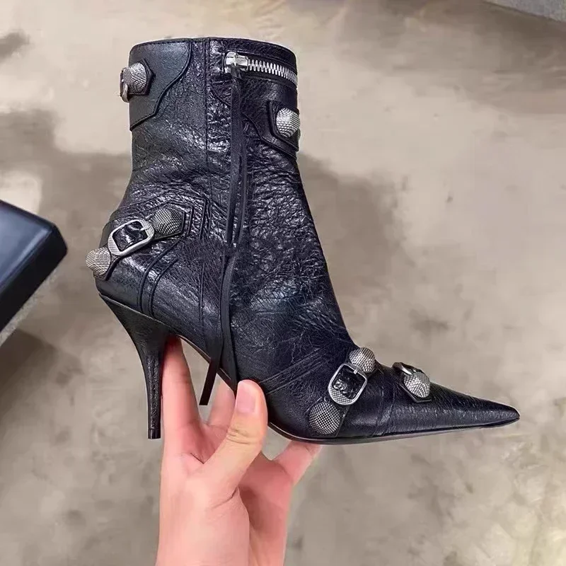 عالية رقيقة الكعب حذاء من الجلد للنساء ديكور معدني برشام مهدب البريدي Ppinted تو دراجة نارية سيدة الجوارب النساء الأحذية #3