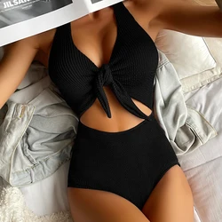 Swimsuit 2022 New Summer Sexy Women Pure Color Bikini Hollow Backless One Piece Bow Tie Brazilian Biquini Bathing Suit Swimwear