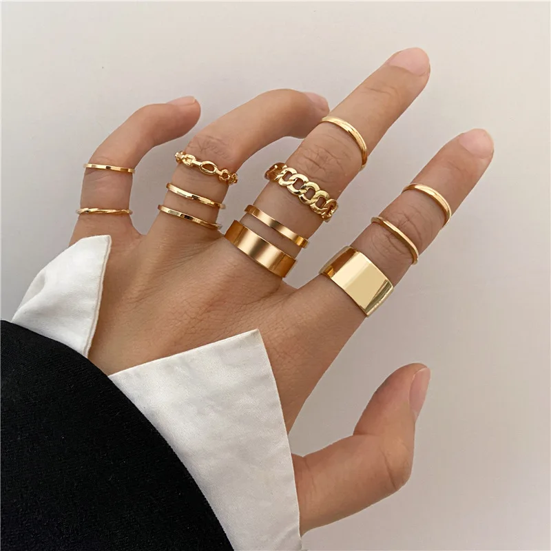 Bohemian Gold Color Cross Wide Rings Set For Women Girl Simple Chain Finger Tail Rings 2022 NEW Bijoux Jewelry Gifts Ring Female