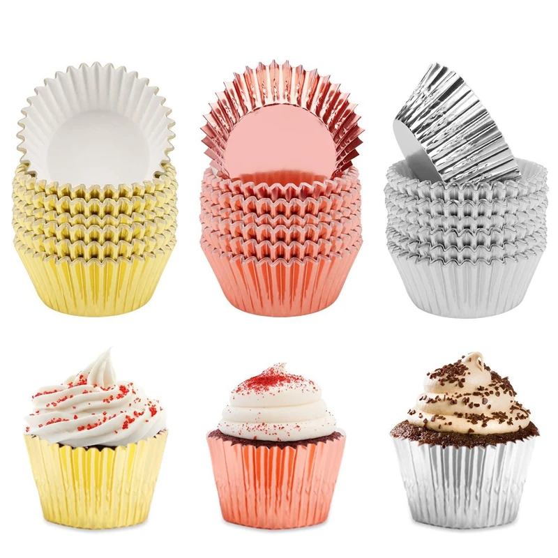 100pcs Foil Metallic Cupcake Liners Muffin Paper Cases Baking Cups Rose Gold Wedding Birthday Baby Shower Party Baking Supplies