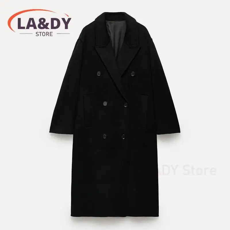 High Quality Autumn Women Fashion Loose Double-Breasted Woolen Coat Female 2024 Winter Solid Casual Long Sleeve Pocket Outerwear