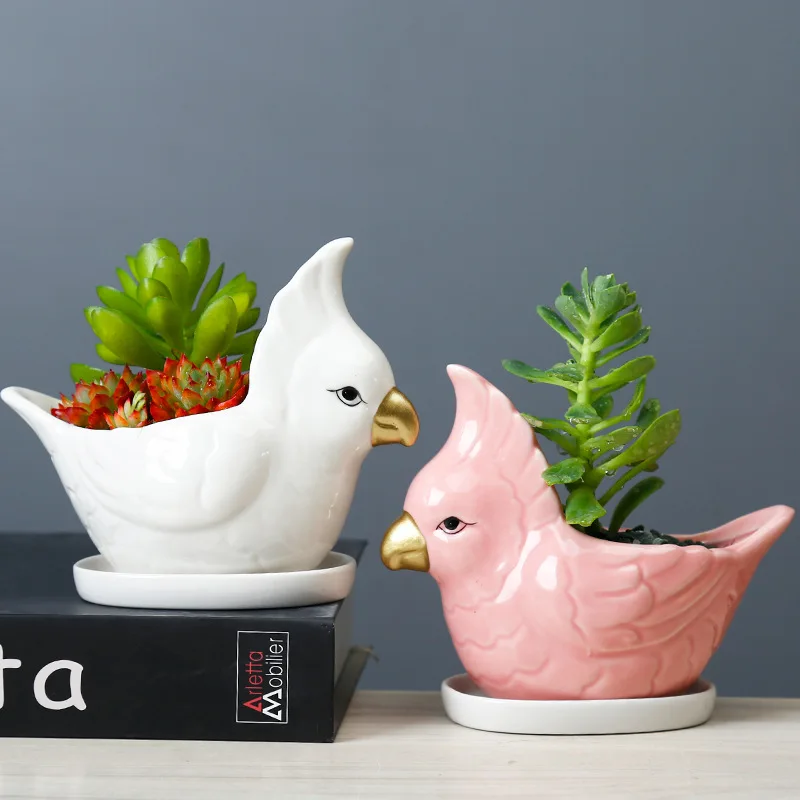 Handmade Cockatiel Bird Animal Ceramic Flower Pot Succulent Planter Mini Cactus Bonsai Desktop Tabletop Home Office Decor Gift