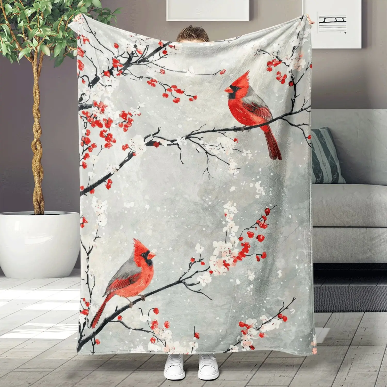 

Plum Blossom Print Flannel Throw Blanket - Versatile for Camping, Living Room, Sofa, Pet, Office Use - Contemporary Style