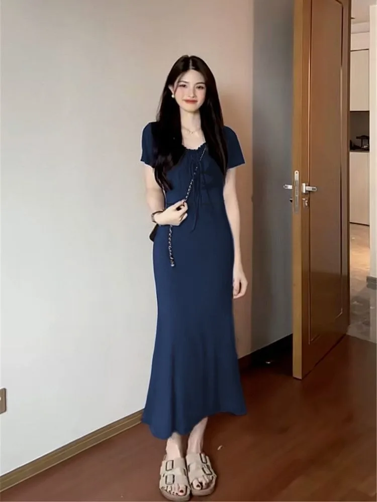 French Style Slimming Mermaid Maxi Dress for Women Elegant Short Sleeve Bodycon Dress Waist Definition Summer New Collection