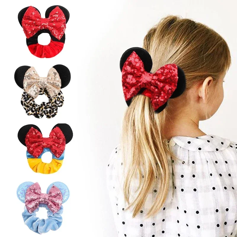 2024 Disney Mickey Minnie Ears Plush Scrunchie Girl Anime Cartoon Sequin Bow Cute Hair Accessories for Children's Birthday Gifts