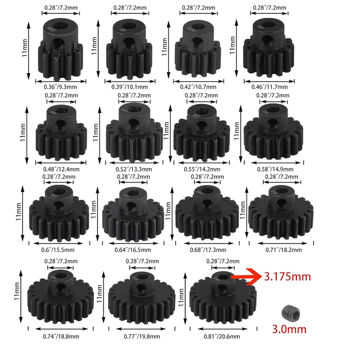 32P Hardened Steel Pinion Gear Set 1/8 Inch 3.175mm Hole 20T 21T 22T 23T 24T with Hex Key for RC Brushless Brush