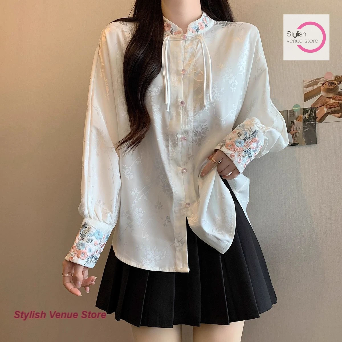 Chinese national style stand-up collar shirt women's spring and autumn design sense embroidery loose casual long-sleeved shirt