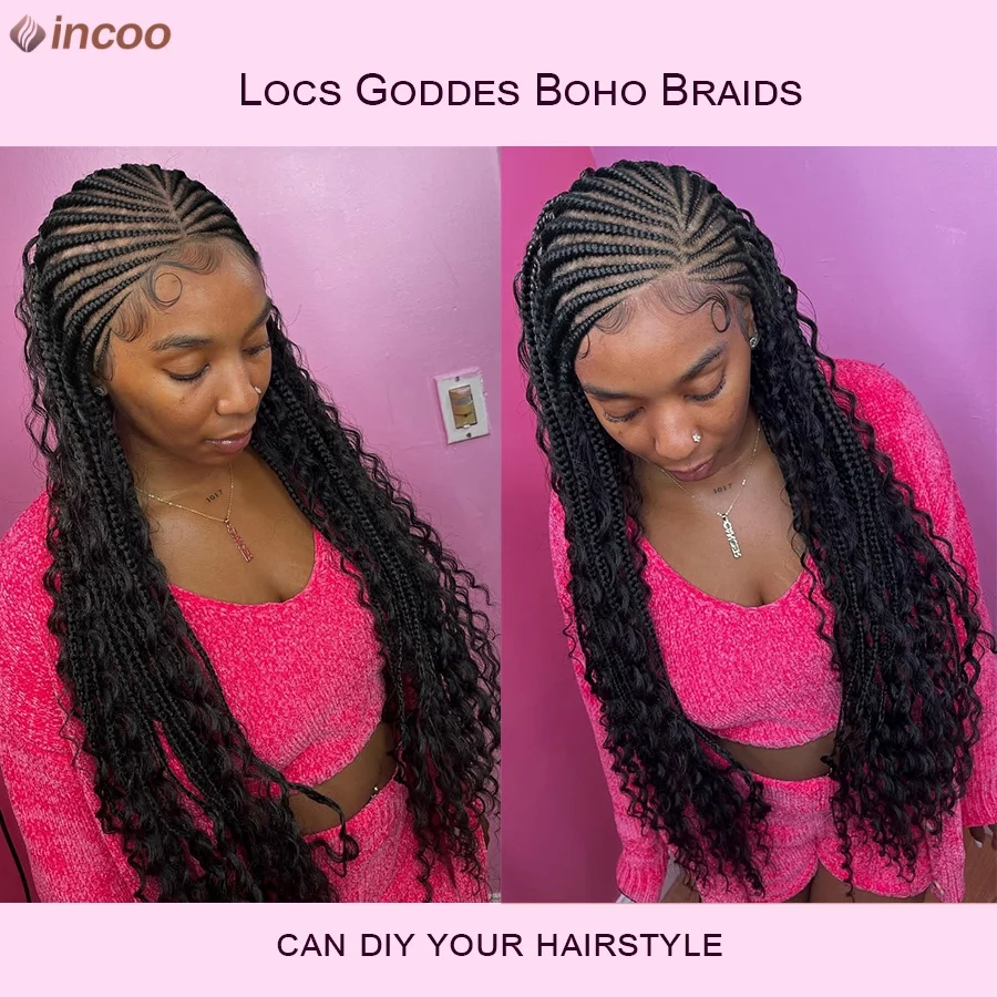 بوهو شعر مستعار مضفر الاصطناعية Knotless صندوق جديلة الباروكات مع نهايات الشعر المجعد Locs آلهة كامل الدانتيل الباروكات Cornrows تجديل خصلات الشعر المستعار